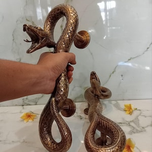 May include: Two bronze-coloured metal door handles shaped like coiled snakes with textured scales and open mouths. Each handle features a curved body that forms a grip, attached to the door by two circular mounting plates with a metallic finish.