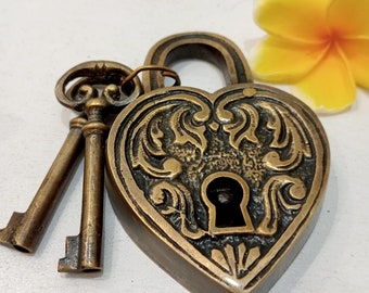 Vintage Brass Heart Padlocks Set of 2, Ornate Antique Love Locks
