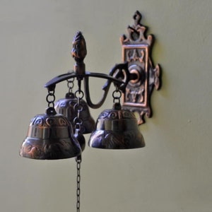 Vintage Solid Brass 3 Bell Shopkeeper&#39;s Door Chime | Unique Antique Solid Brass Door Bell | Bali Furniture Decorative House | Door Bell