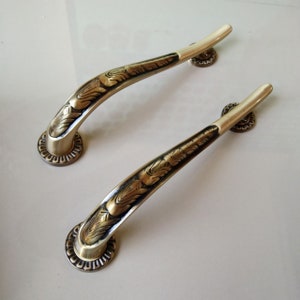 14.1&quot; Vintage Pair of main Entry pull door Carved Fang Shape for front Door Brass | Unique Handle With Old Style Handle for home improvement