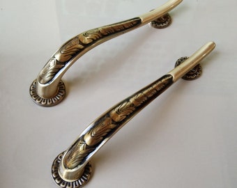 Vintage Carved Brass Door Pulls | 14.1" Entry Handles, Pair