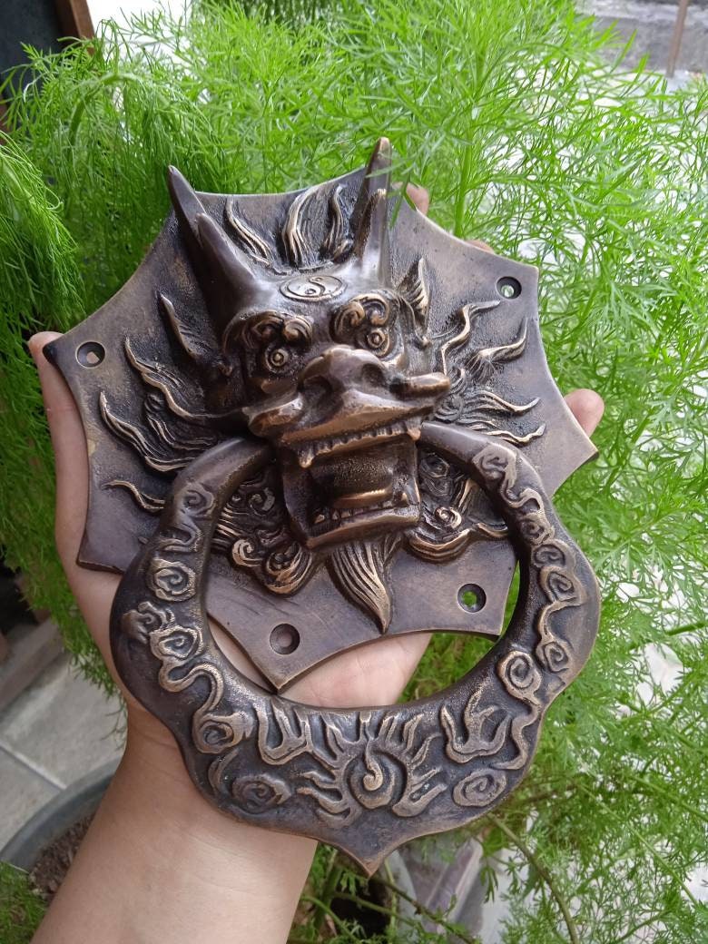 アンティーク真鍮製シードラゴンドアノッカー｜ヴィンテージ動物の頭