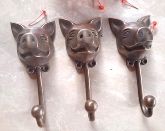 Juego de 3 ganchos de pared de latón vintage con forma de cerdo, ganchos para abrigos de estilo rústico, gancho de pared con forma de animal, gancho para toallas de latón macizo, decoración para el hogar campestre.