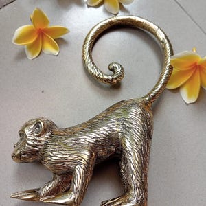 Hand Carved Brass Monkey Figurines Set of 2, Solid Brass Animal Sculptures, 6 Inch Vintage Home Decor, Tropical Jungle Accent