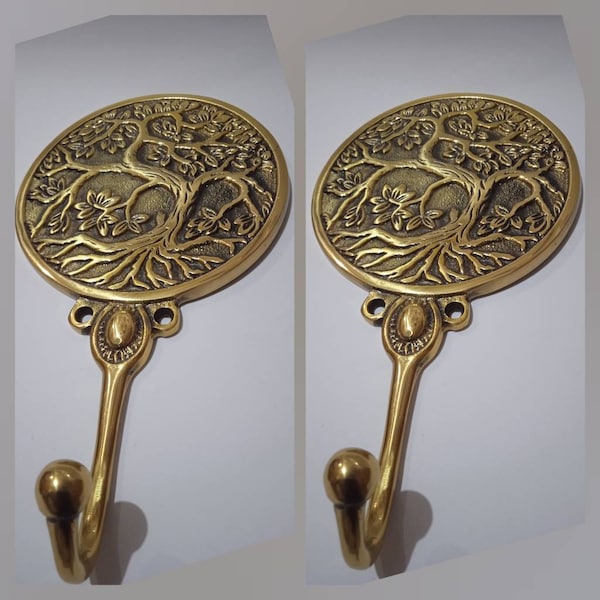 2x Big Golden Vintage tree of life Shaped Coat Wall Hook Brass Old Style 18 cm Wall Mounted Hand Cast 7.08" Inches, Wall Door Hook