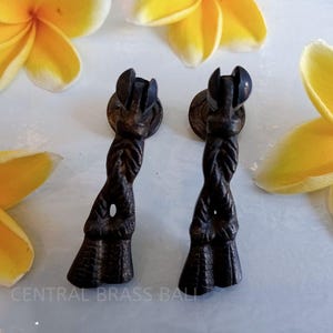 May include: Two dark brown, carved wooden drawer pulls with a decorative design. The pulls are set against a white background, with yellow flowers in the background. The text "CENTRAL BRASS BALL" is at the bottom.