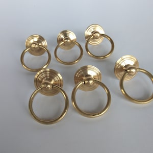 6 Items Solid Brushed Brass Round Ring Pulls For Cabinet/Dresser Drawer, handle ring for cabinet, brass drawer knob, pull ring for cabinet