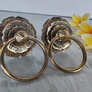 Może przedstawiać: Dwa złote uchwyty do szuflad z kwiatowym wzorem. Każdy uchwyt ma uchwyt w kształcie pierścienia.