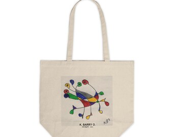 Puede incluir: Una bolsa de tela blanca con un dibujo abstracto de colores de un pájaro con el texto "K. BARRY O. tote bag #3 vol. 2" y la firma "KBO" en la esquina inferior derecha.