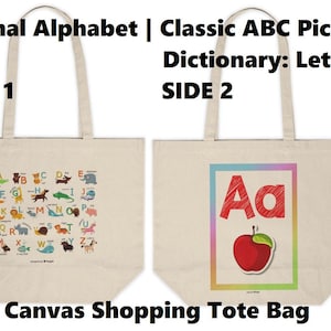 Bolsa de lona para compras con alfabeto de animales, diccionario escolar preescolar, aprende el abecedario, divertido diccionario de imágenes para niños, también clásico Aa manzana