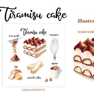 Illustratie van het aquarelrecept. Digitale print van tiramisutaart in JPG. Geïllustreerd recept. Dessert en ingrediënten. Afdrukbare kunst aan de muur