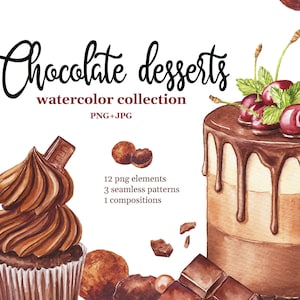 May include: Watercolor illustration of chocolate desserts, including cupcakes, a layered cake topped with cherries, and chocolate truffles. The image includes the text "Chocolate desserts watercolor collection PNG+JPG".