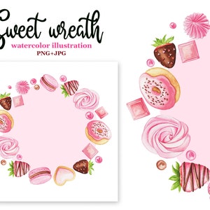 Watercolor pink wreath made of sweets. Bakery logo. Dessert round frame