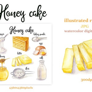 Watercolor recipe illustration. Honey cake digital print. Illustrated recipe. Dessert and ingredients. Wall art printable