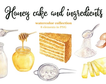 Watercolor recipe illustration. Honey cake and ingredients in PNG. Food illustration. Bakery.
