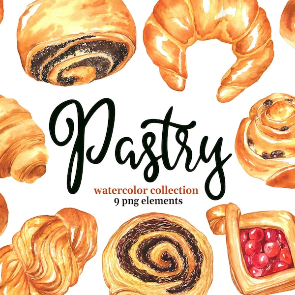 Bakery clipart. Watercolor pastry illustration, sweet buns PNG