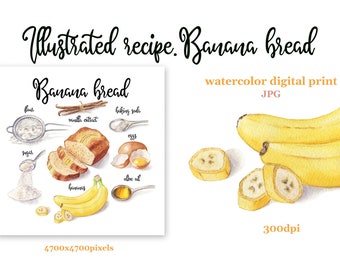 Watercolor recipe illustration. Banana bread digital print. Food illustration. Bakery. Kitchen wall art printable