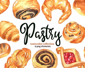 Bakery clipart. Watercolor pastry illustration, sweet buns PNG