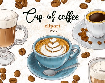 Cup of coffee clipart in PNG. Latte, espresso and coffee beans. Food illustration.