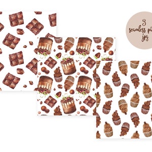 May include: Three seamless patterns featuring watercolor illustrations of chocolate, cake, and cupcakes on a white background. The patterns include chocolate bars, layered cakes with strawberries, and chocolate cupcakes. The image includes the text "3 seamless pattern jpg".