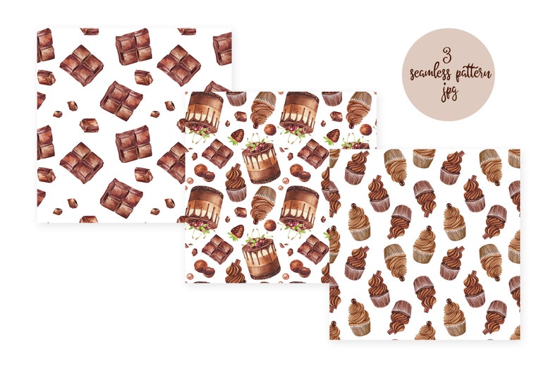May include: Three seamless patterns featuring watercolor illustrations of chocolate, cake, and cupcakes on a white background. The patterns include chocolate bars, layered cakes with strawberries, and chocolate cupcakes. The image includes the text "3 seamless pattern jpg".