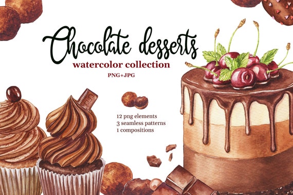 Watercolor chocolate cake and desserts clipart. Sweets clipart: cupcake, chocolate, candy