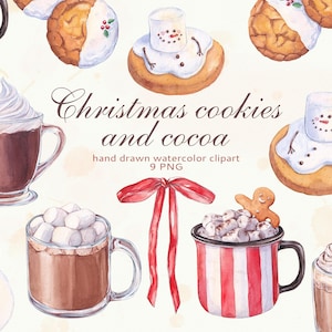 Watercolor Christmas Cookie Cocoa Clipart PNG. Christmas hot drinks. New Year clipart. Snowman Cookies