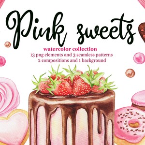 Watercolor pink sweets. Strawberry cake and desserts digital clipart.