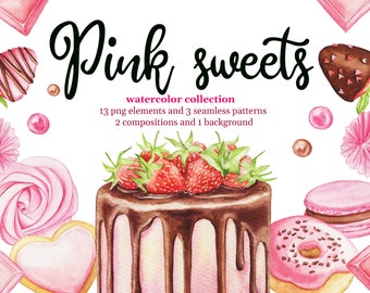 Watercolor pink sweets. Strawberry cake and desserts digital clipart.