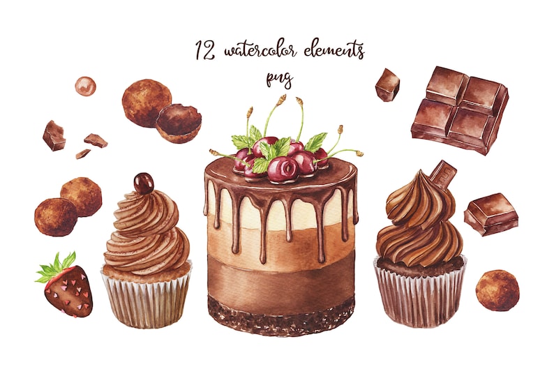 May include: Watercolor illustration of various chocolate desserts, including a layered cake topped with cherries, cupcakes, chocolate truffles, and chocolate bars. The image includes the text "12 watercolor elements png."