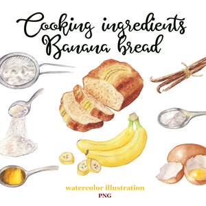 Aquarell Rezept Illustration. Bananenbrot und Zutaten in PNG. Food Illustration. Bäckerei.