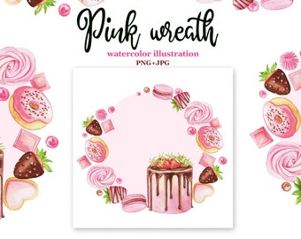 Bakery logo with strawberry cake. Watercolor pink wreath made of sweets. Dessert round frame