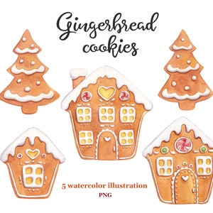 Watercolor Christmas gingerbread house cookies in PNG. Food illustration. New Year clipart.