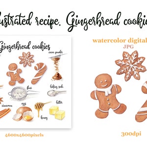 Watercolor recipe illustration. Gingerbread cookies digital print. Illustrated recipe. Christmas cookies and ingredients. Wall art printable