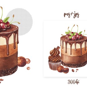 May include: Watercolor illustration of a layered chocolate cake with dark chocolate dripping down the sides. The cake is topped with fresh cherries and mint leaves. A cupcake and chocolate truffles are also included.