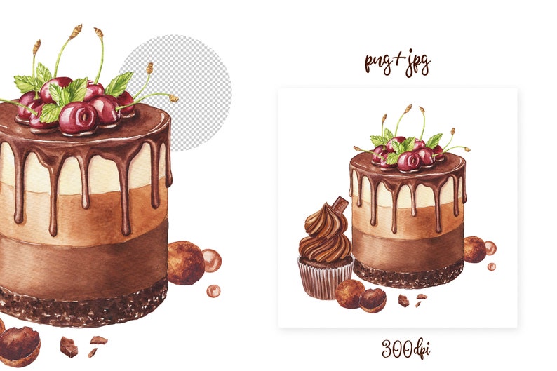 May include: Watercolor illustration of a layered chocolate cake with dark chocolate dripping down the sides. The cake is topped with fresh cherries and mint leaves. A cupcake and chocolate truffles are also included.