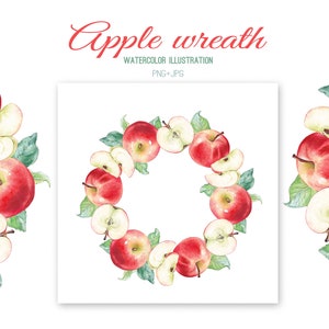 Corona de manzana de acuarela, marco redondo de otoño, clipart de otoño png, marco de fruta, cosecha png, cartel de otoño jpg