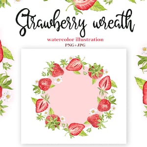 Watercolor strawberry wreath, Summer round frame
