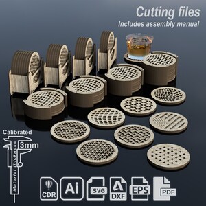Set de posavasos con diseños geometricos y bandera USA con varios modelos de contenedores. Archivos digitales para descarga y corte laser.