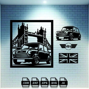 Puede incluir: Arte de pared de metal negro con un Mini Cooper frente al Tower Bridge. Incluye una silueta de Mini Cooper, un logotipo de Mini y una bandera de la Union Jack. El diseño está sobre una pared de ladrillos blancos.