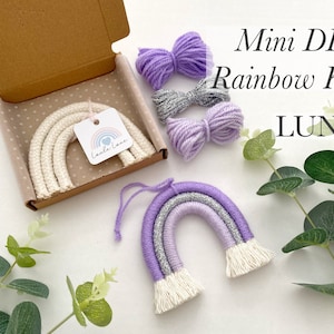 May include: A DIY kit for making a mini rainbow. The kit includes three balls of yarn in shades of purple and silver, and a pre-made white rainbow base. The kit is packaged in a brown box with a white polka dot lining. The box also includes a small tag with the words "Little Love" on it. The image also includes a finished mini rainbow made with the kit, hanging from a white string. The image includes the text "Mini DIY Rainbow Kit LUNA".