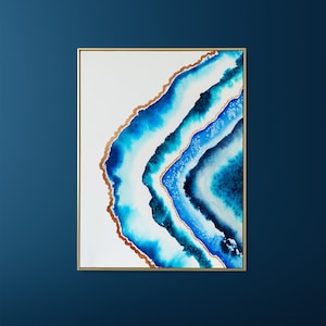 Blauer Achat Aquarell Kunstdruck – Türkis Geode mit Gold Detail | Abstrakt Wand Dekor | Kunstdruck auf mattem Papier