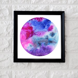 Nebula Galaxy Circular Watercolor Painting Print, Colorful Space Art