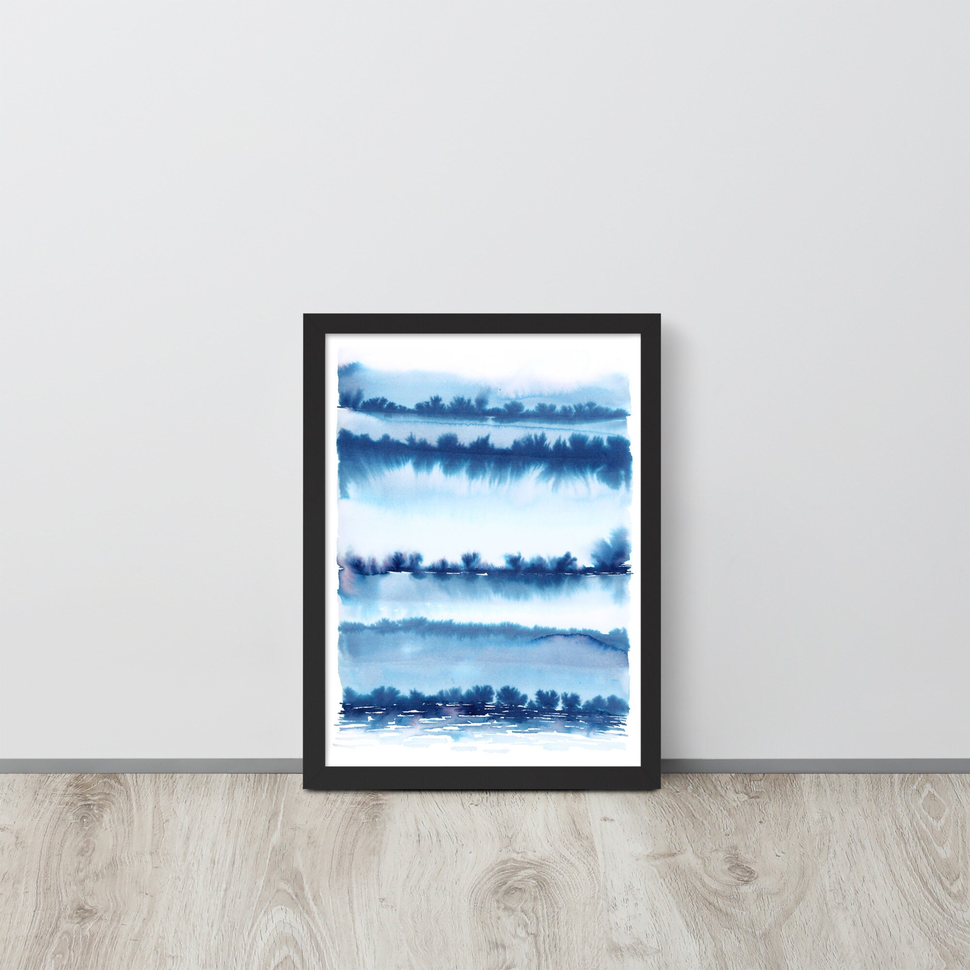 Blue Abstract Landscape Watercolor Framed Print | Indigo Office Art - Etsy