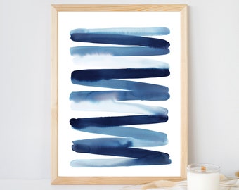 May include: A framed abstract watercolor print with horizontal blue brushstrokes on a white background. The frame is made of natural wood.