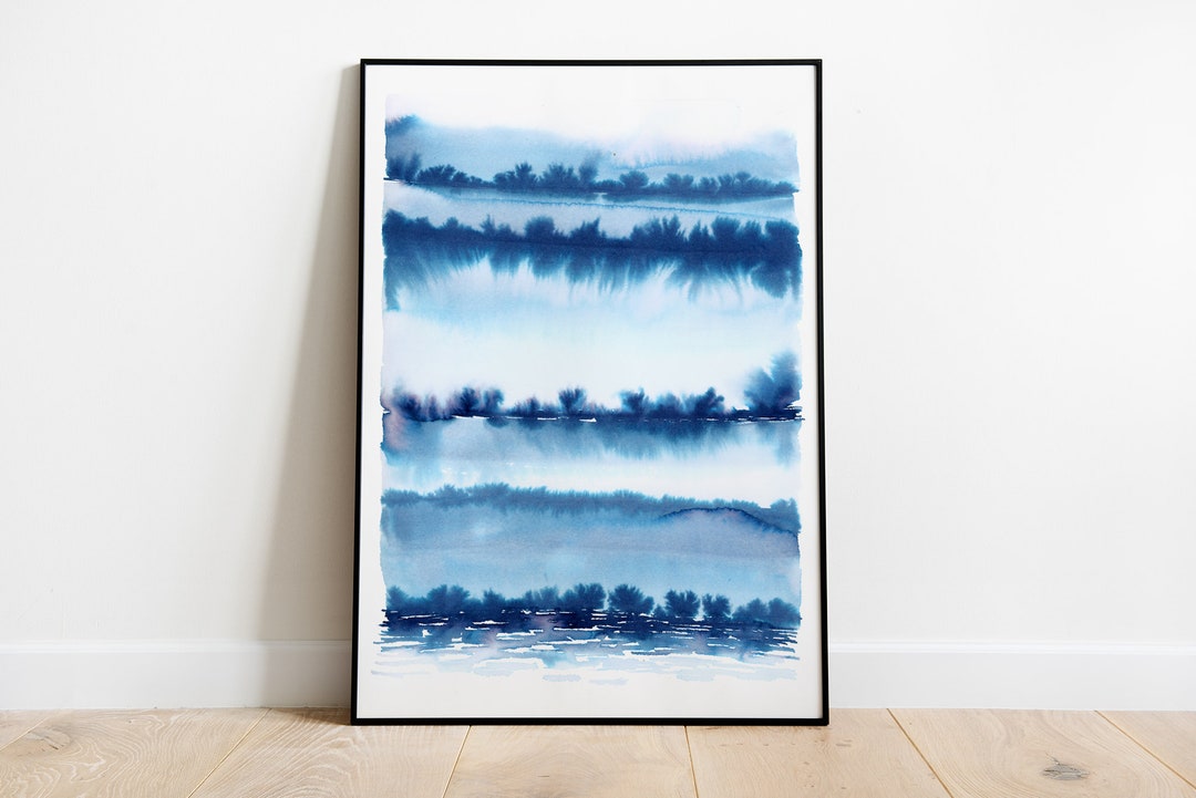 Blue Abstract Landscape Watercolor Art Print | Indigo Wall Decor ...