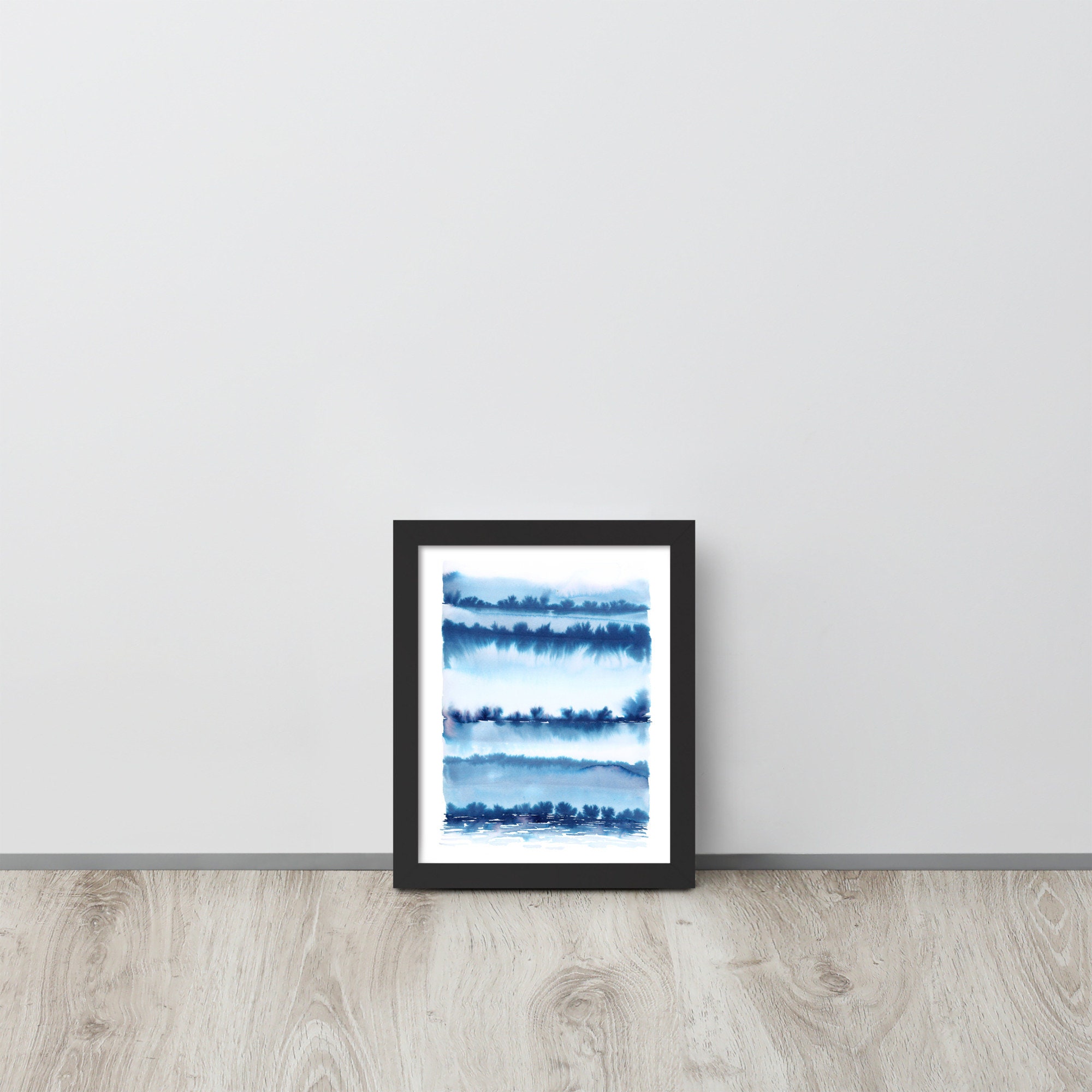 Blue Abstract Landscape Watercolor Framed Print | Indigo Office Art - Etsy