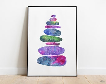 May include: A watercolor painting of a stack of stones with a galaxy pattern. The stones are stacked in a pyramid shape and are painted in shades of purple, blue, green, and pink.