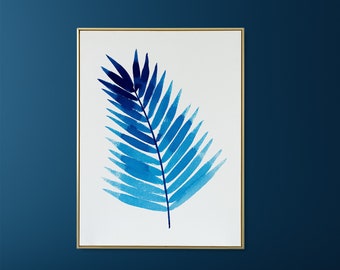 Blue Palm Leaf Watercolor Print | Tropical Blue Palm Poster