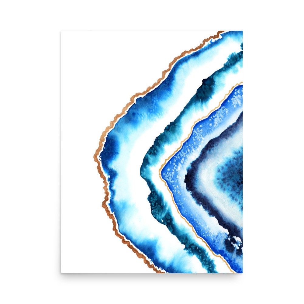 Blue Agate Watercolor Print Gold Trim Teal Agate Print Etsy